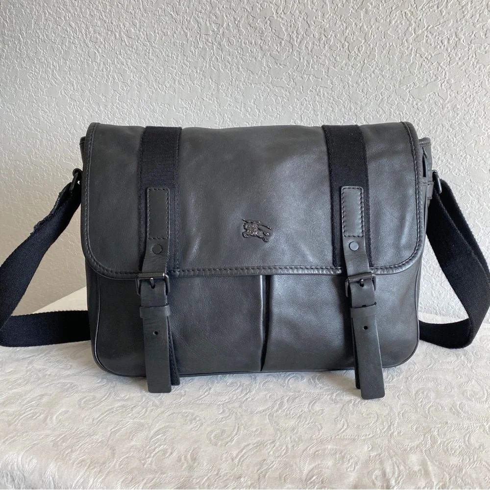 Burberry black leather messenger bag